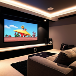 **

A cozy budget home theater setup. Focus on a used Full HD projector casting a film onto a wall. Include comfortable beanbag chairs, a simple soundbar underneath the projected image, and warm lighting to create a relaxed atmosphere. Emphasize the "DIY" aesthetic and affordability.

**