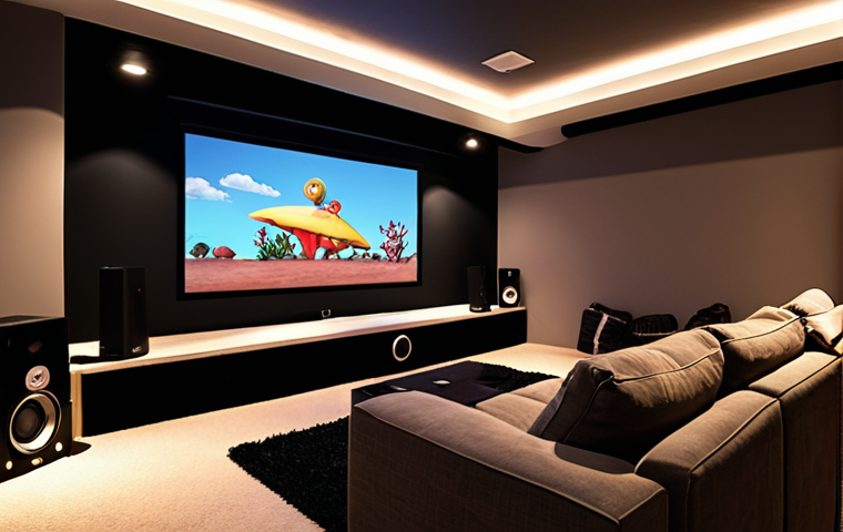 **
A cozy budget home theater setup. Focus on a used Full HD projector casting a film onto a wall. Include comfortable beanbag chairs, a simple soundbar underneath the projected image, and warm lighting to create a relaxed atmosphere. Emphasize the "DIY" aesthetic and affordability.
**