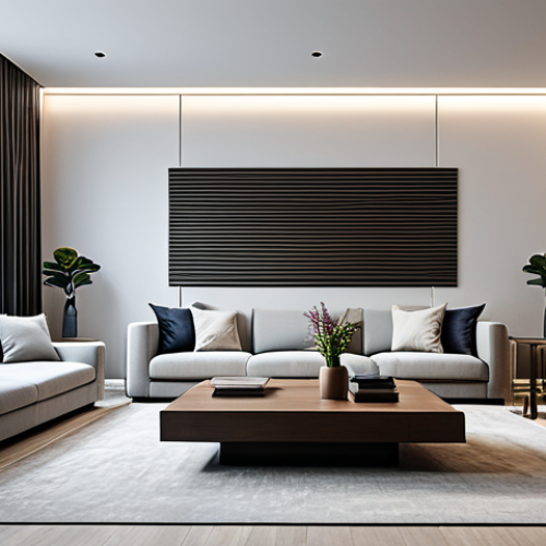 A sleek, minimalist modern living room, expertly designed with hidden sound technology. No visible speakers or cables. The room features elegant, subtle acoustic wall panels disguised as contemporary art, and plush, inviting furniture. A sense of immersive, high-quality audio fills the space, subtly implied by soft, diffused lighting. The ambiance is serene and sophisticated, showcasing harmonious design where technology is seamlessly integrated. professional photography, ultra-high definition, cinematic lighting, perfect anatomy, correct proportions, natural pose, safe for work, appropriate content, fully clothed, professional, modest, family-friendly.