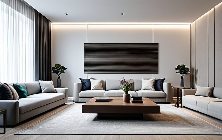 A sleek, minimalist modern living room, expertly designed with hidden sound technology. No visible speakers or cables. The room features elegant, subtle acoustic wall panels disguised as contemporary art, and plush, inviting furniture. A sense of immersive, high-quality audio fills the space, subtly implied by soft, diffused lighting. The ambiance is serene and sophisticated, showcasing harmonious design where technology is seamlessly integrated. professional photography, ultra-high definition, cinematic lighting, perfect anatomy, correct proportions, natural pose, safe for work, appropriate content, fully clothed, professional, modest, family-friendly.