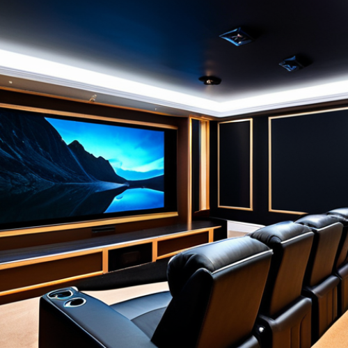 Home 7 A professional, modern home cinema room designed for optimal viewing, featuring sophisticated indirect warm white LED bias lighting (2700K-3000K) positioned behind a large, high-definition screen. The room boasts dark, matte walls and ceiling to absorb light and prevent reflections, with comfortable, professional seating arrangements. The ambient light is subtly dimmed, enhancing contrast and reducing eye strain, creating a truly immersive experience. safe for work, appropriate content, fully clothed, professional, high quality, cinematic lighting, no reflections.