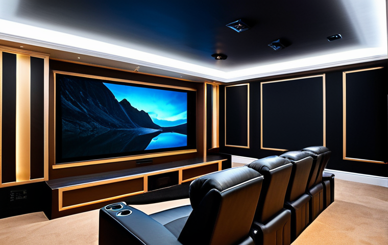 A professional, modern home cinema room designed for optimal viewing, featuring sophisticated indirect warm white LED bias lighting (2700K-3000K) positioned behind a large, high-definition screen. The room boasts dark, matte walls and ceiling to absorb light and prevent reflections, with comfortable, professional seating arrangements. The ambient light is subtly dimmed, enhancing contrast and reducing eye strain, creating a truly immersive experience. safe for work, appropriate content, fully clothed, professional, high quality, cinematic lighting, no reflections.
