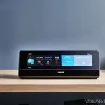 야마하 AV 리시버 - 1, is prominently displayed on a sleek, minimalist media stand. In the foreground, the person is eit...