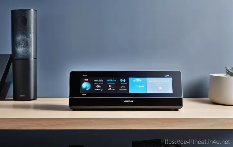 야마하 AV 리시버 - 1, is prominently displayed on a sleek, minimalist media stand. In the foreground, the person is eit...