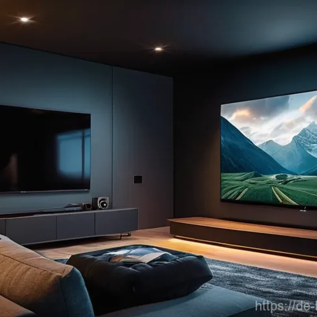 넷플릭스 4K 돌비 애트모스 지원 기기 - **Prompt 1: Immersive 4K Visual Experience**
    "A cozy, dimly lit modern home cinema room with a l...