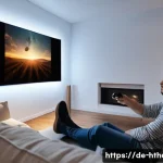 DTS X 오디오 시스템 - A wide shot of a comfortable, modern German living room transformed into a home cinema. A person in ...