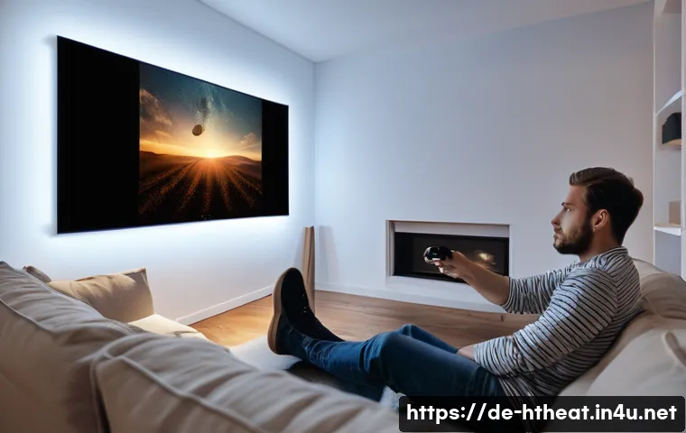 DTS X 오디오 시스템 - A wide shot of a comfortable, modern German living room transformed into a home cinema. A person in ...