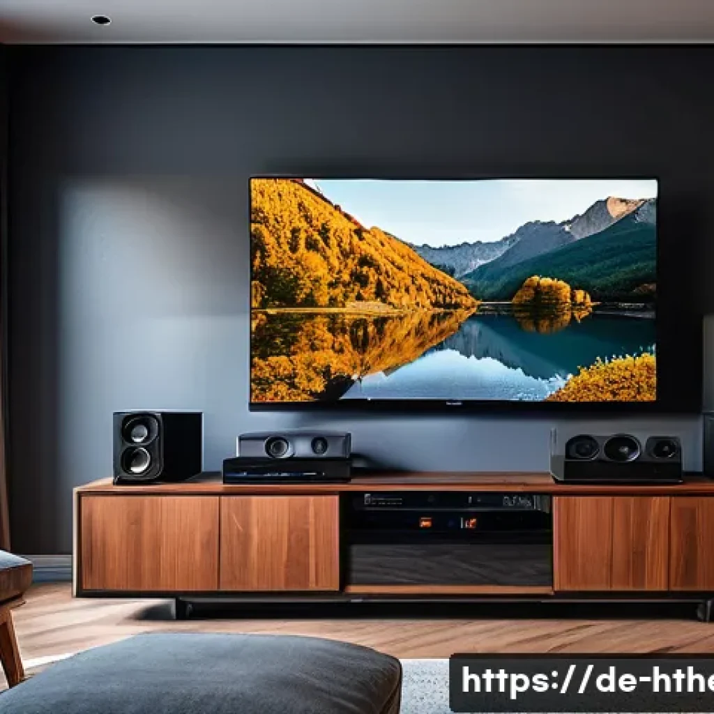 PC 홈시어터 시스템 구축 - A modern home theater PC setup in a cozy living room with a sleek quad-core processor and mid-range ...