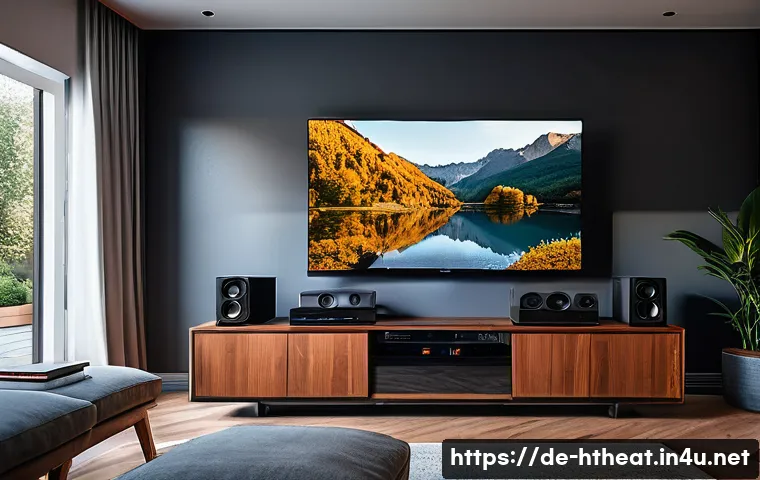 PC 홈시어터 시스템 구축 - A modern home theater PC setup in a cozy living room with a sleek quad-core processor and mid-range ...