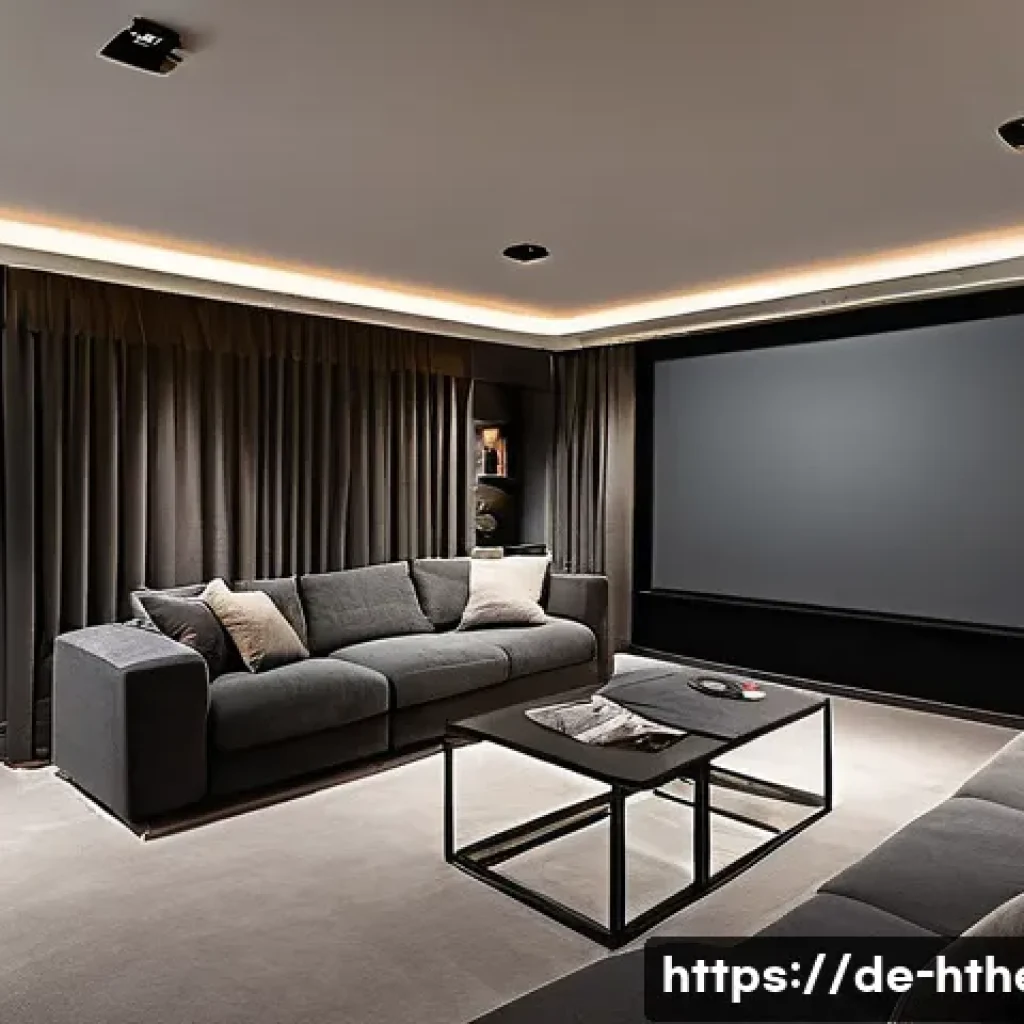 전용 방 홈시어터 방음 공사 - A modern German home cinema room with carefully designed acoustic treatment: walls covered with dark...