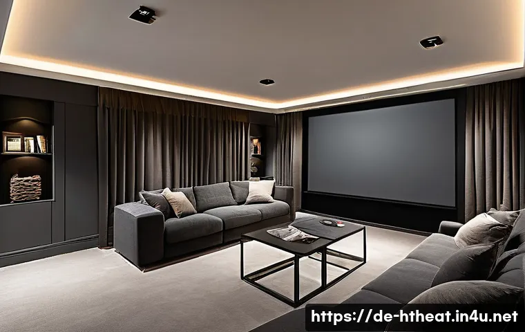 전용 방 홈시어터 방음 공사 - A modern German home cinema room with carefully designed acoustic treatment: walls covered with dark...