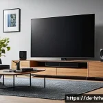 Home 21 넷플릭스 vs 디즈니 음향 비교 - A modern living room setup in a German household featuring a large flat-screen smart TV displaying a...