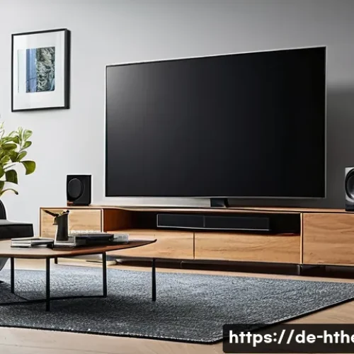 Home 33 넷플릭스 vs 디즈니 음향 비교 - A modern living room setup in a German household featuring a large flat-screen smart TV displaying a...