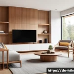 Home 20 유선 vs 무선 서라운드 스피커 - A modern, stylish living room with a minimalist design featuring wireless surround speakers placed e...