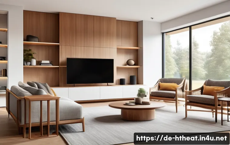 유선 vs 무선 서라운드 스피커 - A modern, stylish living room with a minimalist design featuring wireless surround speakers placed e...