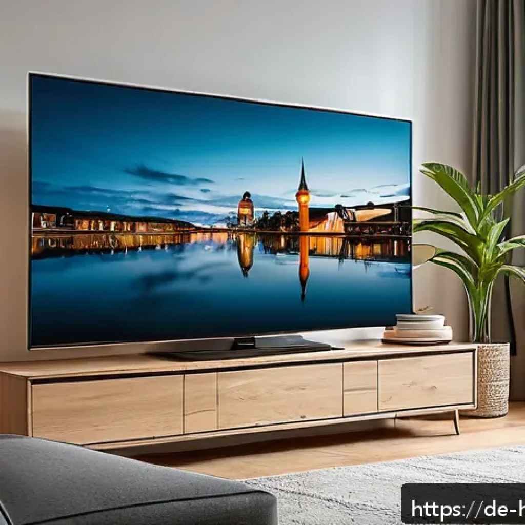 프로젝터 vs TV 비교 - A modern German living room scene showcasing a compact 55-inch smart TV mounted on a stylish media c...