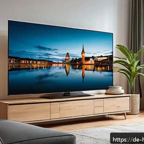 Home 17 프로젝터 vs TV 비교 - A modern German living room scene showcasing a compact 55-inch smart TV mounted on a stylish media c...