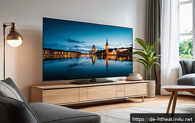 프로젝터 vs TV 비교 - A modern German living room scene showcasing a compact 55-inch smart TV mounted on a stylish media c...