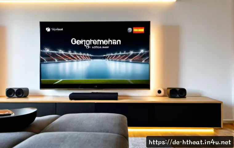 안드로이드 TV 박스와 홈시어터 - Photorealistic modern German living room with a compact unbranded Android TV box placed neatly on a ...