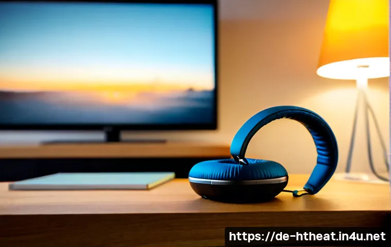 돌비 애트모스 헤드폰 - Photorealistic close-up of premium over-ear wireless headphones resting on a warm oak desk beside a ...
