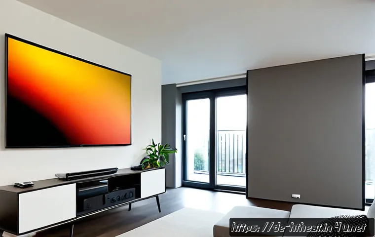 프로젝터 스크린 종류 비교 - Photorealistic modern German apartment living room, side-by-side comparison of a wall-mounted fixed-...