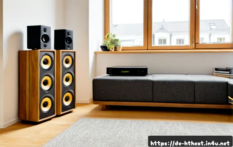2채널 오디오 vs 홈시어터 - Photorealistic cozy German living room featuring a simple two-channel hi-fi audio setup: two elegant...